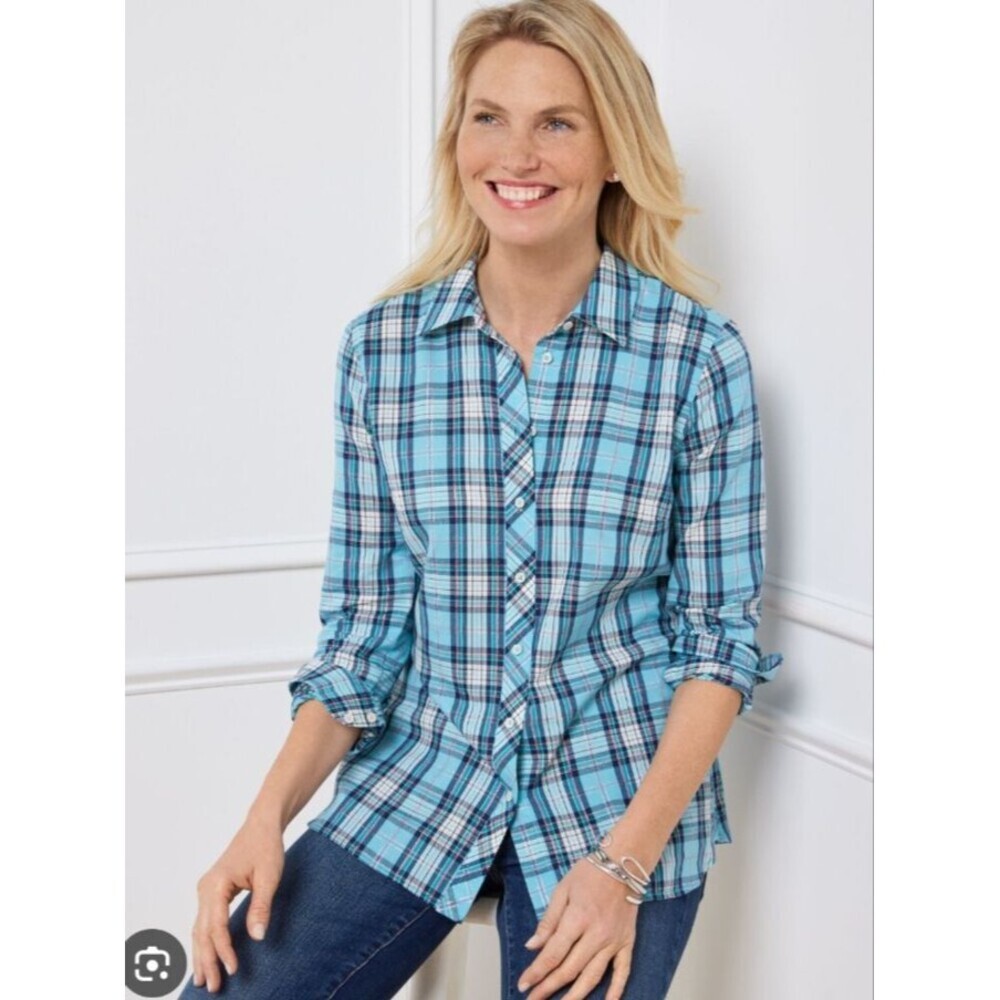 Talbots Teal Blue Plaid Cotton Button Front Shirt Large